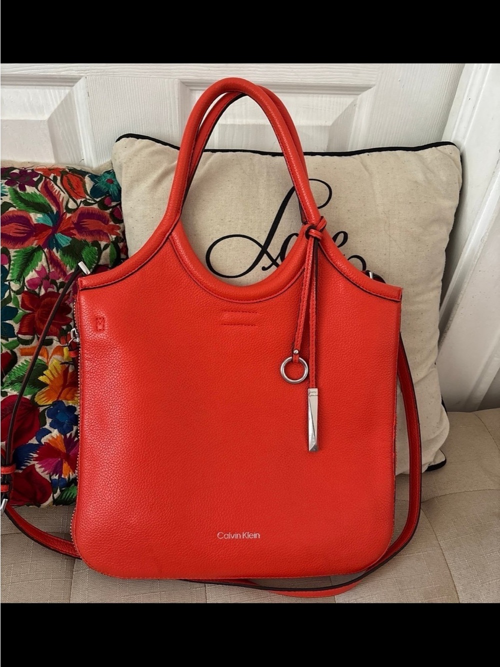 Calvin Klein Bright Orange Pebbled Leather Tote